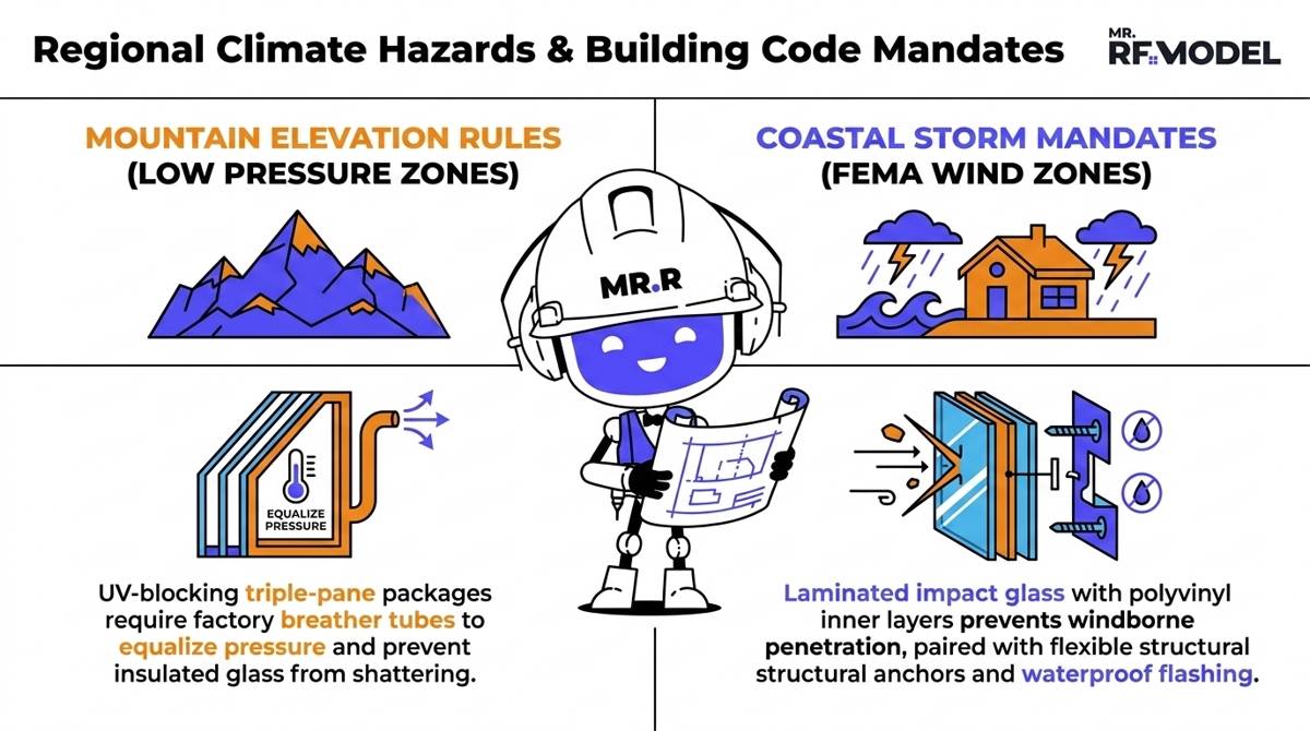 A 2026 regional climate compliance infographic detailing high-altitude elevation breather tubes versus coastal hurricane impact mandates using a strict orange, blue, and black palette.